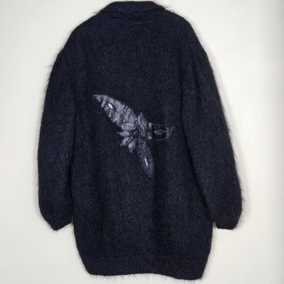 Handmade Cardigan Womens L Black Wool Blend Embellished Lined LS Whimsigoth Art - Picture 2 of 16